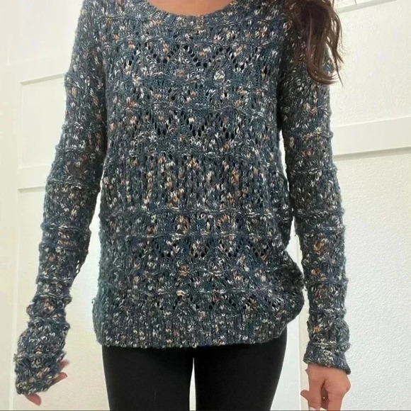 Hinge Woman's L Blue Textured Wide Neck Chunky Knit Sweater Fall Wool Blend - Picture 1 of 7